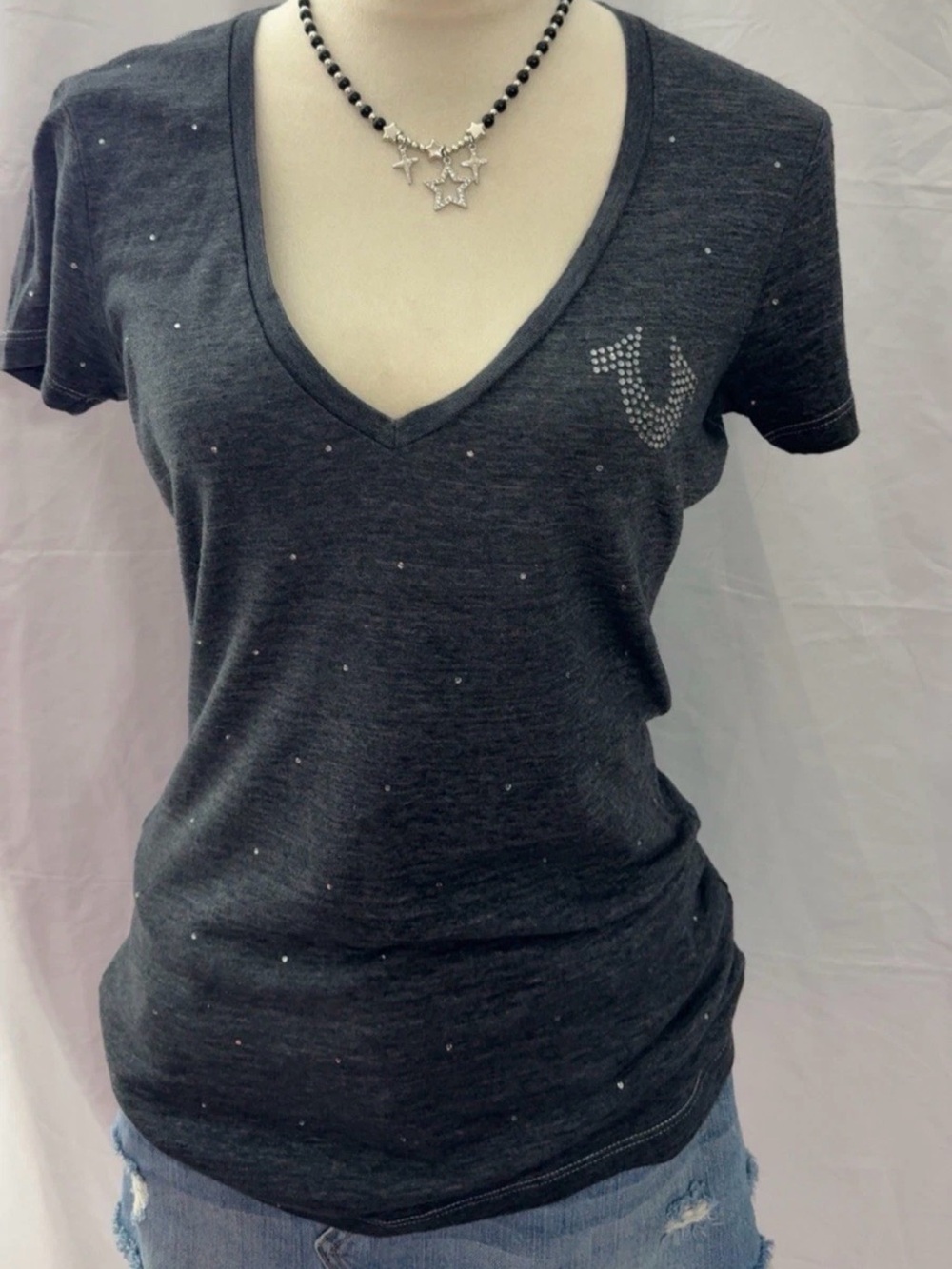 True Religion Charcoal V-Neck Rhinestone Logo Tee